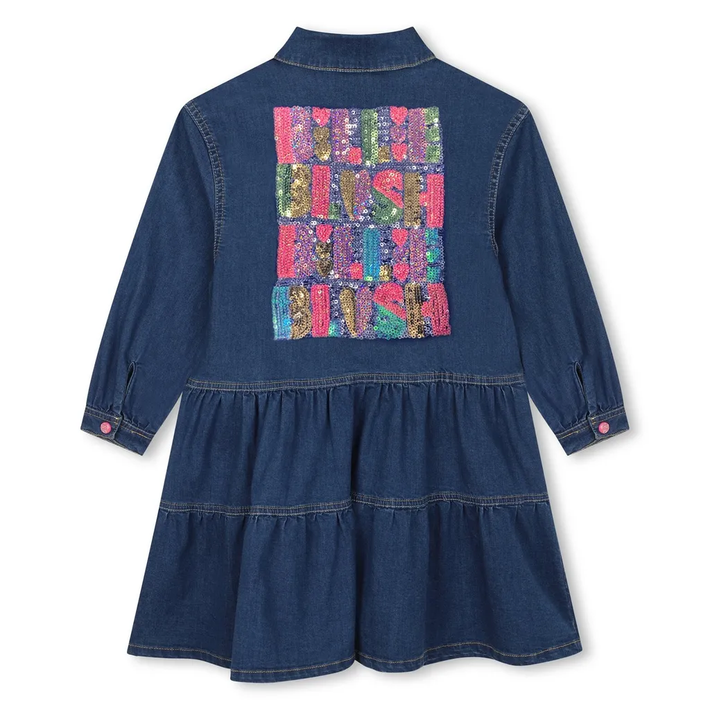Tiered Denim Dress With Sequin Patch