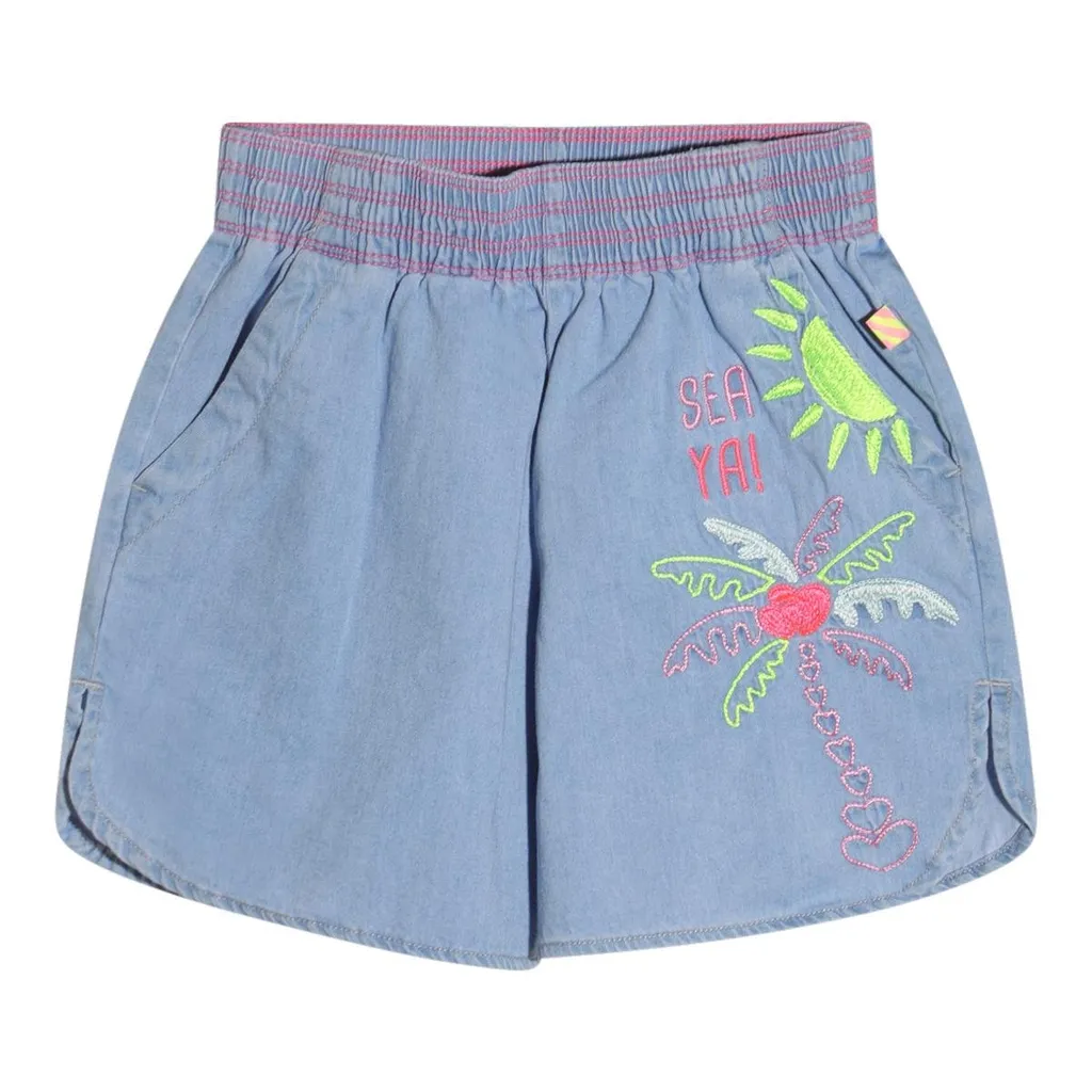 Denim Shorts With Palm Tree And Sun Embroidery
