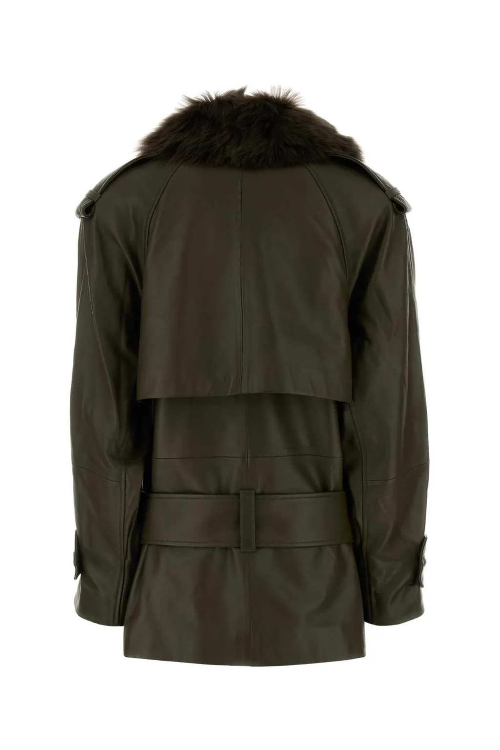 Double-Breasted Leather Coat With Fur Collar