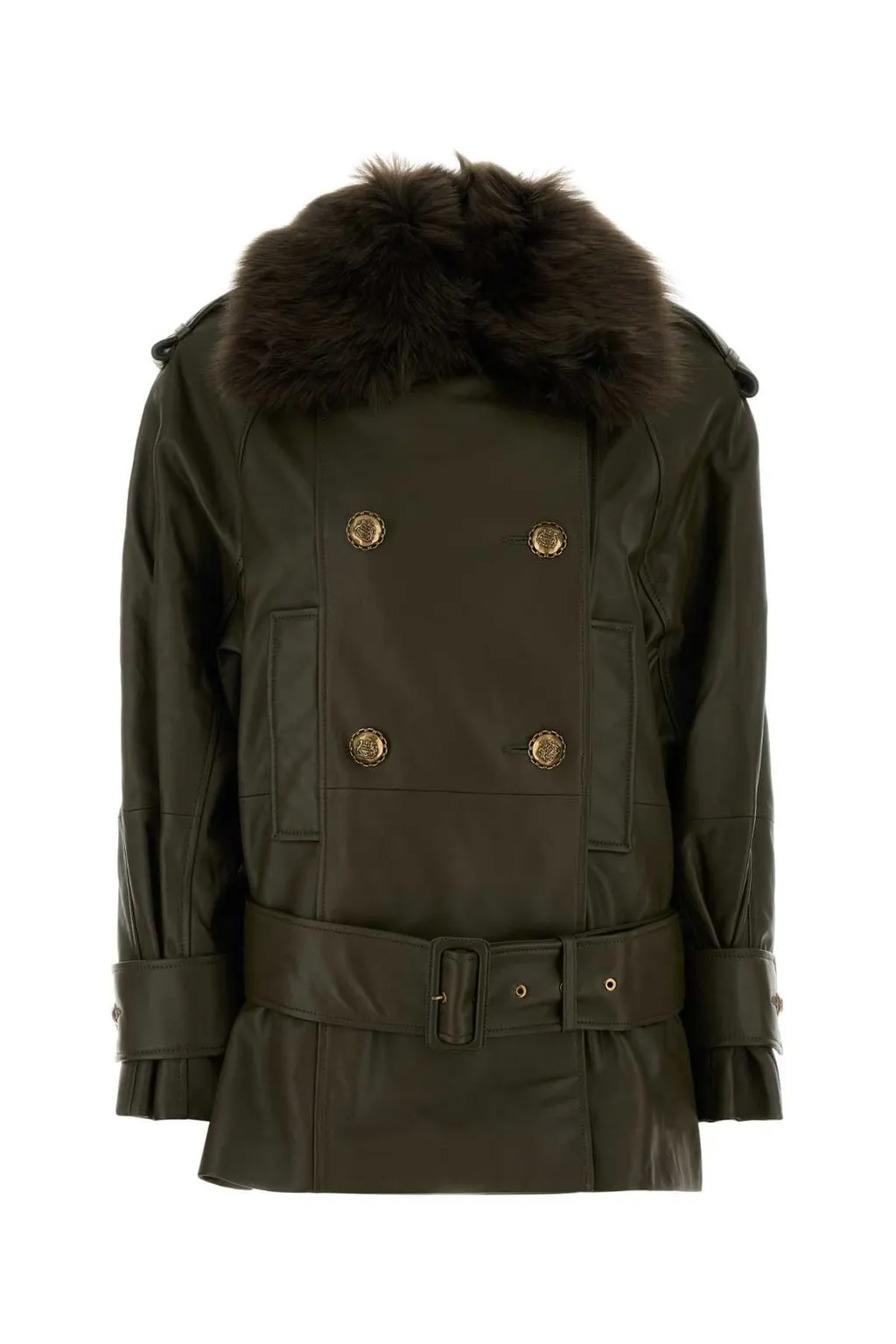 Double-Breasted Leather Coat With Fur Collar