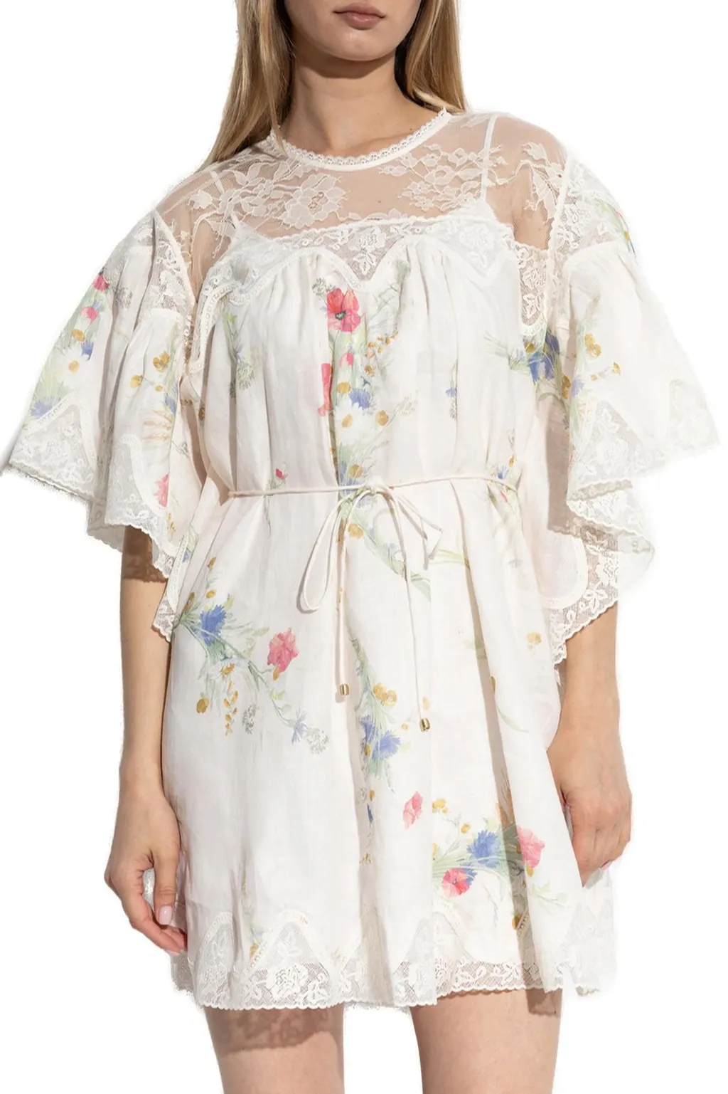 Floral Print Mini Dress With Lace Trim