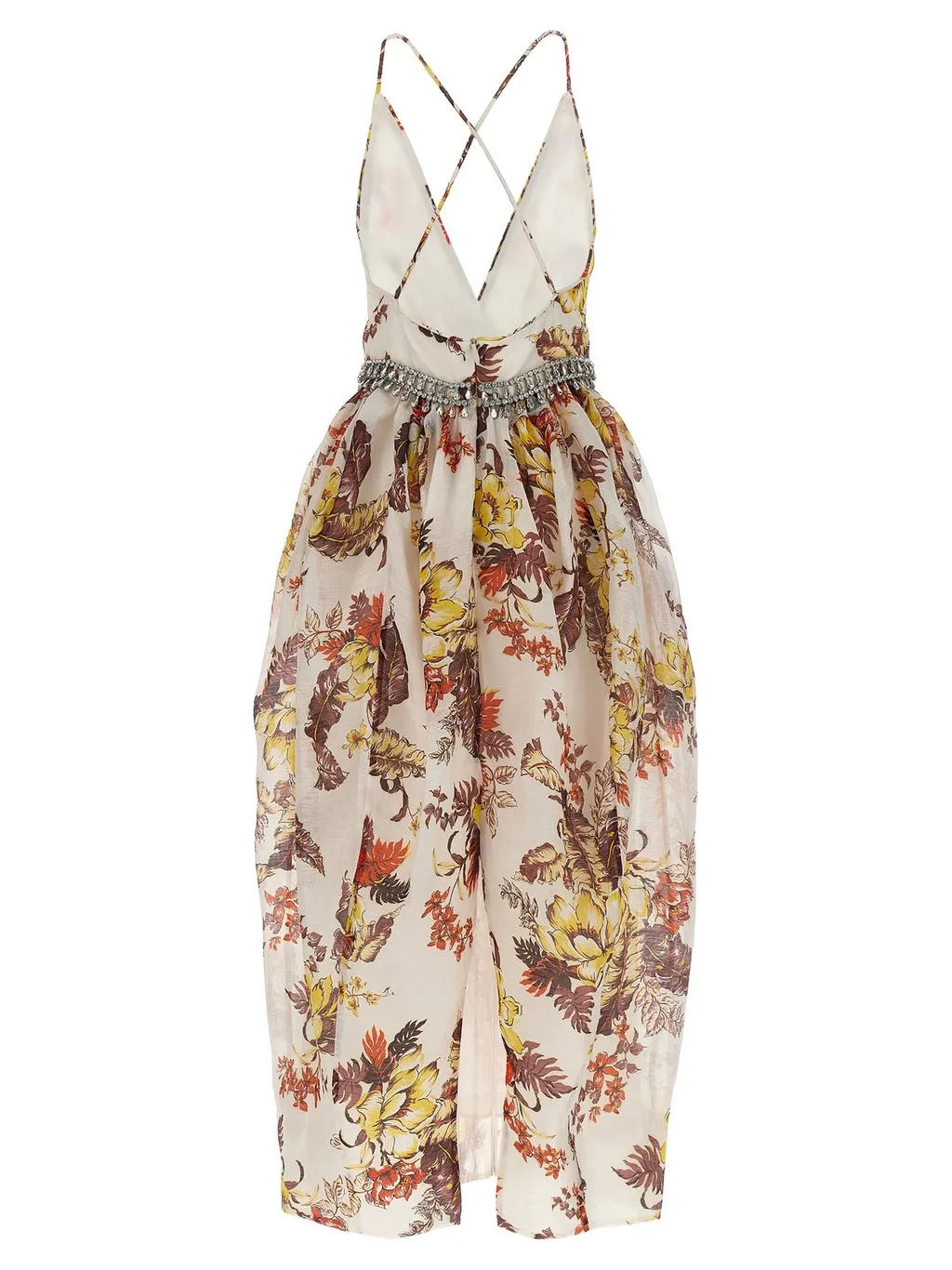 Floral Print Dress With Embellished Waistband