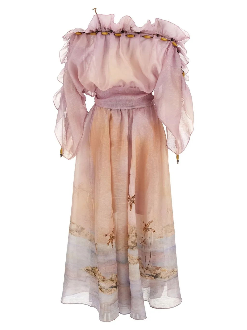Off-The-Shoulder Ruffled Dress With Palm Tree Print