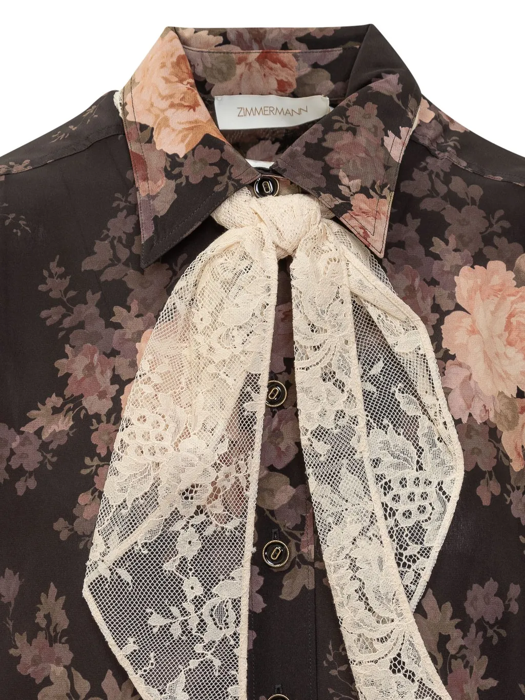 Floral Print Silk Shirt With Lace Bow