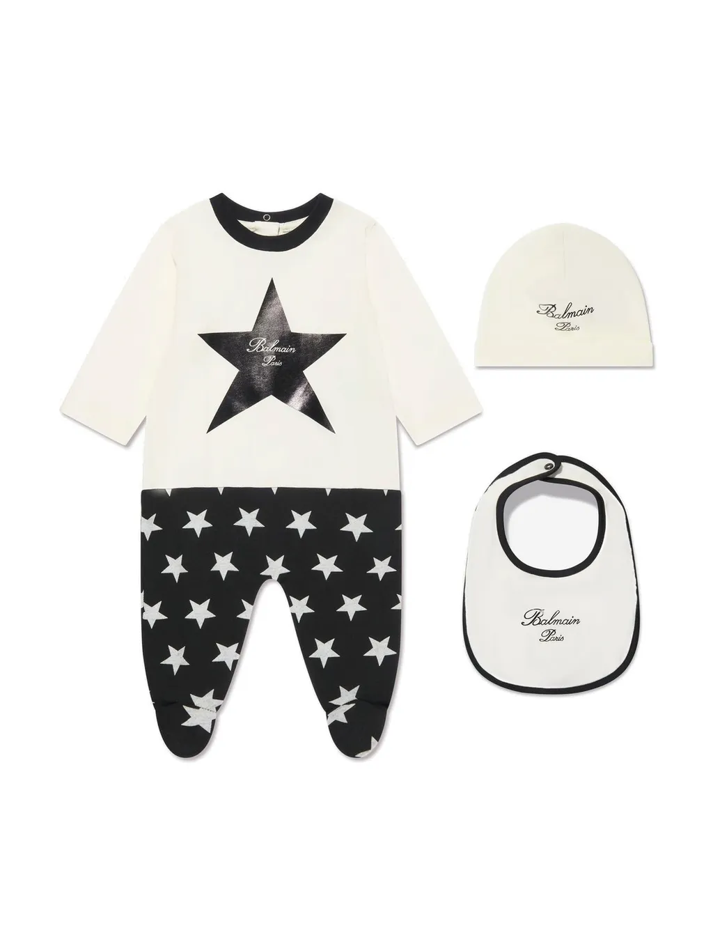 Star Print Footed Pajamas, Hat, And Bib Set