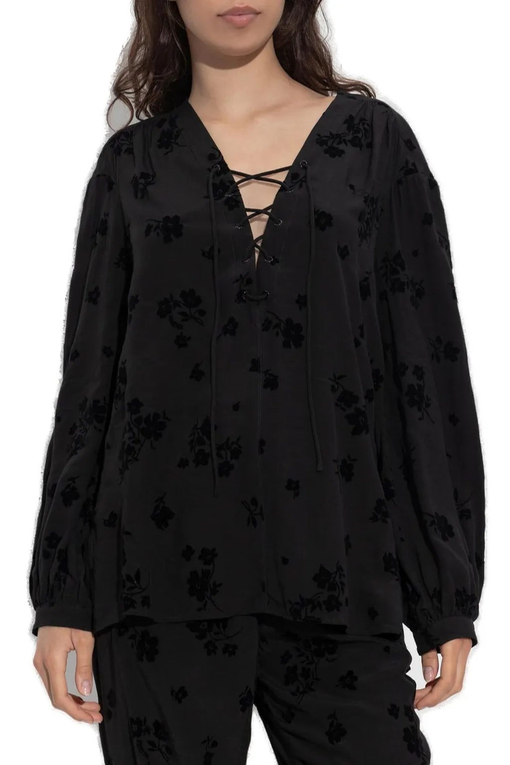 Floral Print Lace-Up Blouse