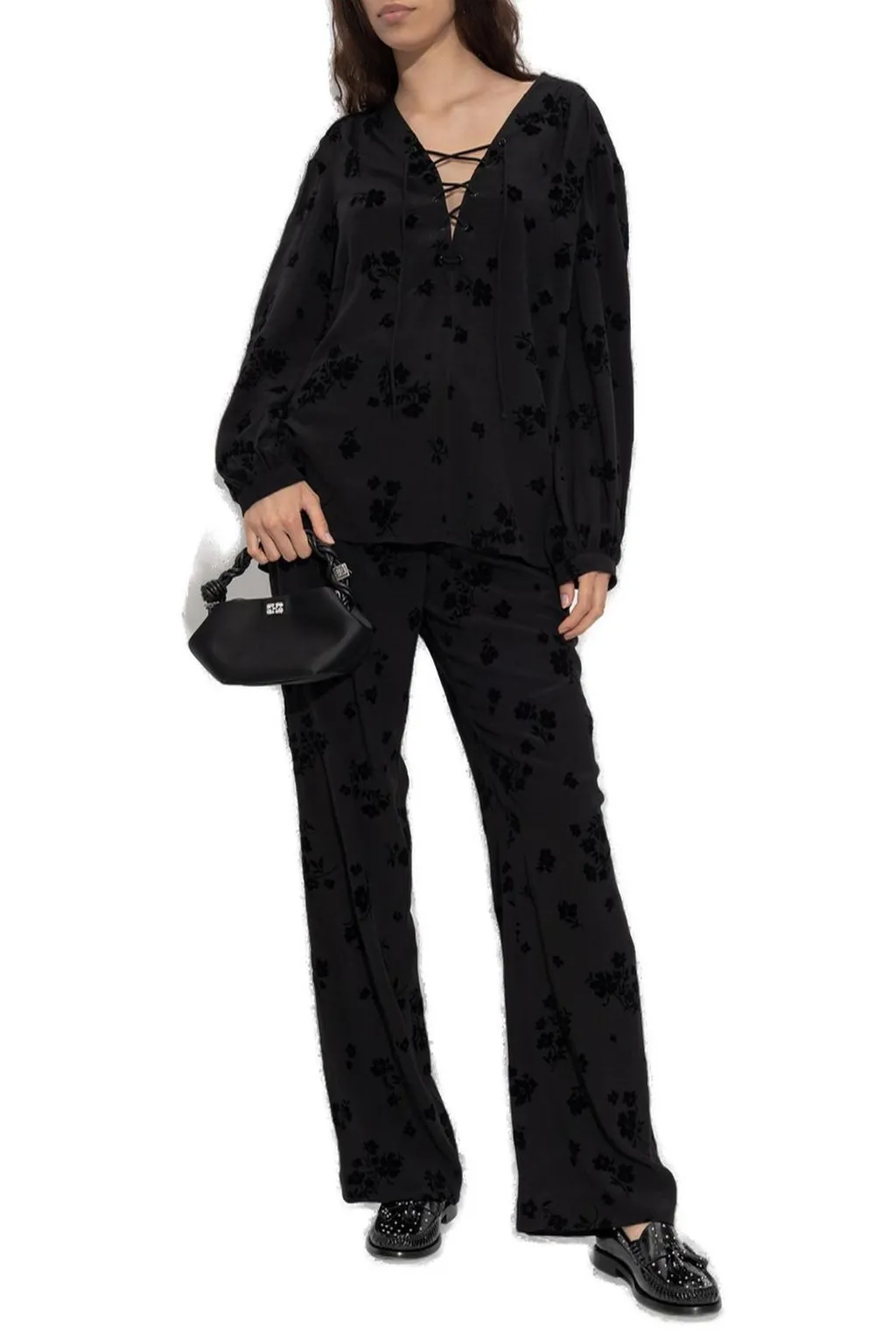 Floral Print Lace-Up Blouse