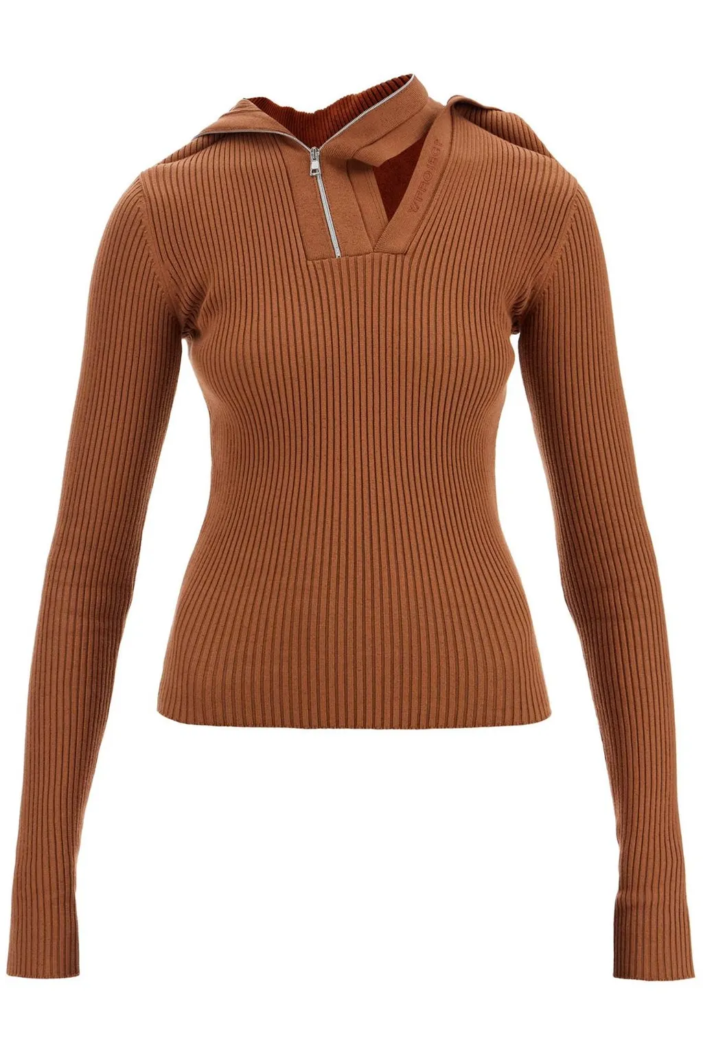 Ribbed Knit Zip-Neck Hoodie