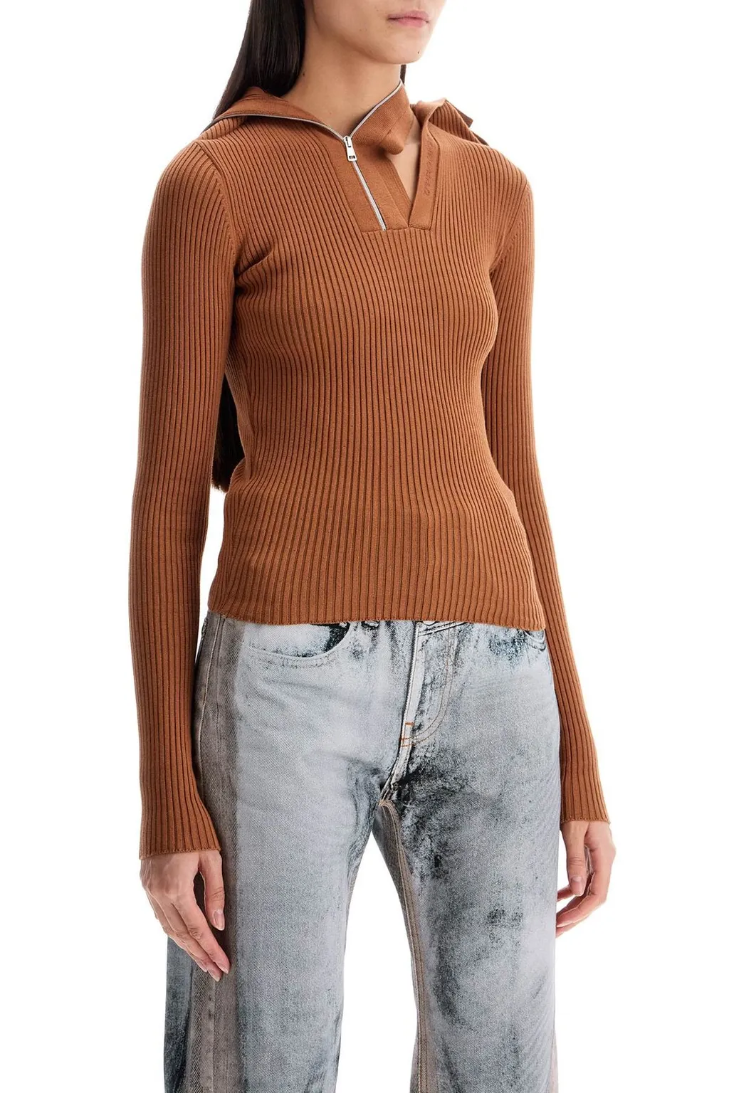 Ribbed Knit Zip-Neck Hoodie