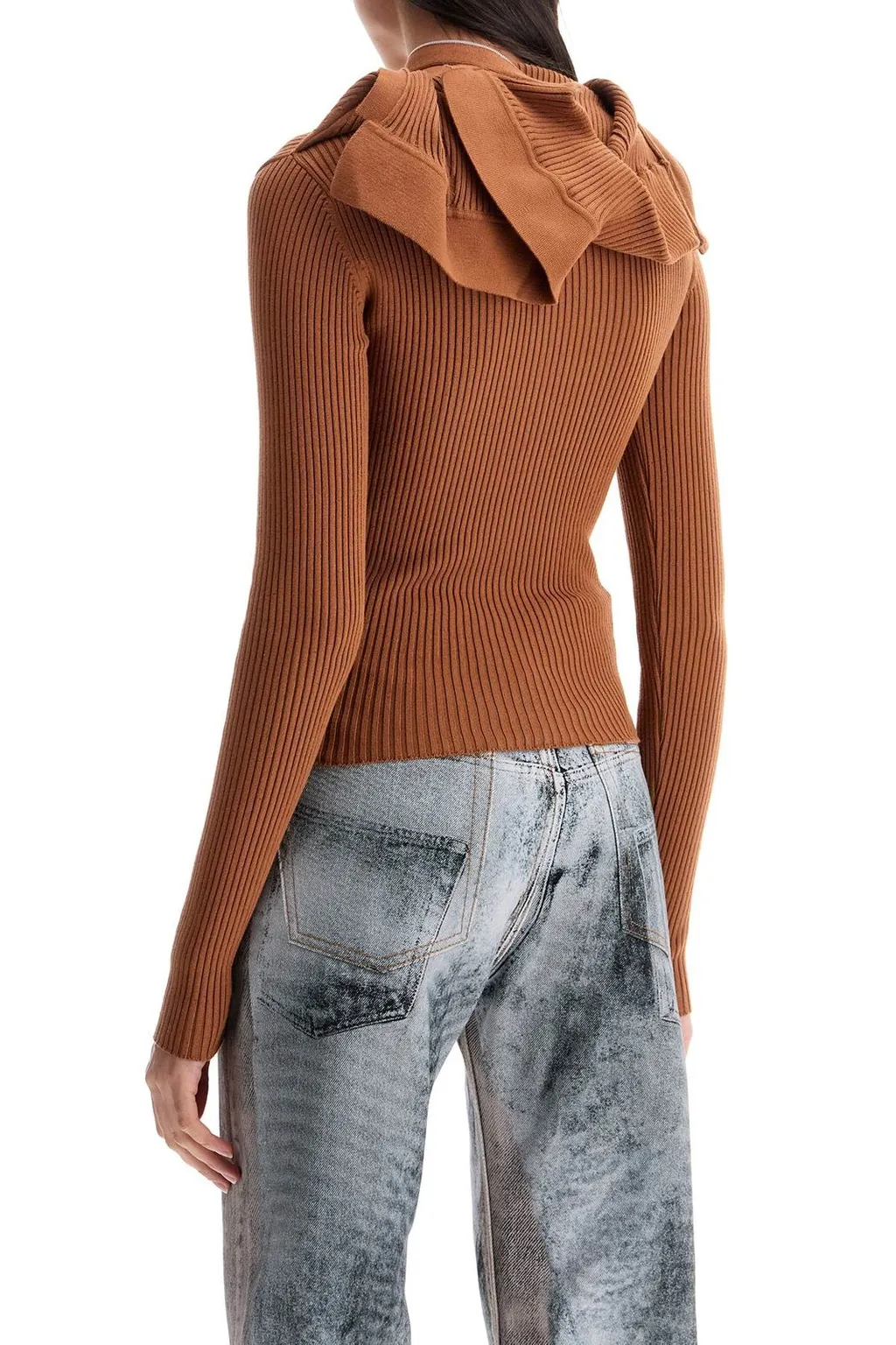 Ribbed Knit Zip-Neck Hoodie