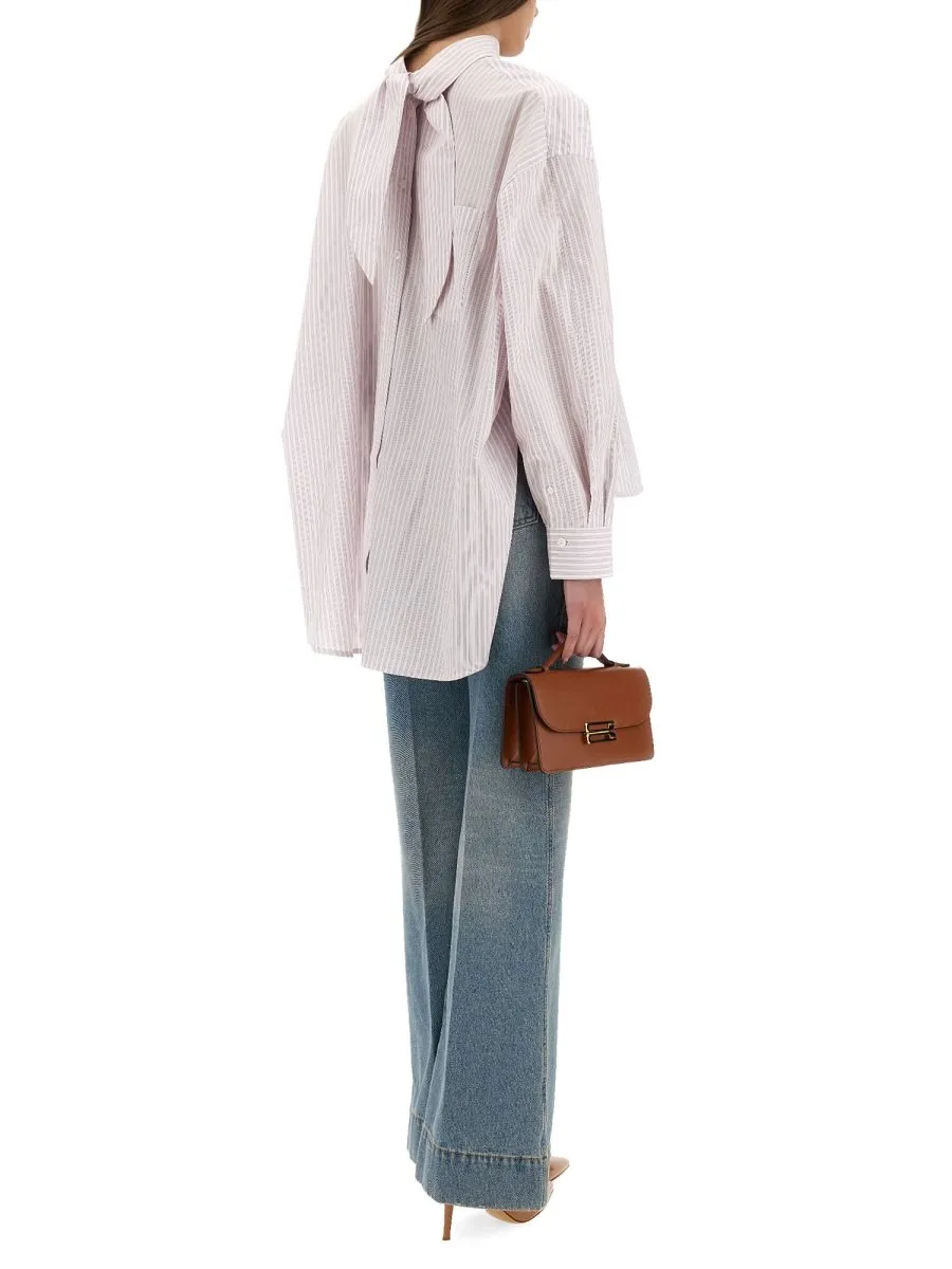 Striped High Neck Blouse With Bow Detail