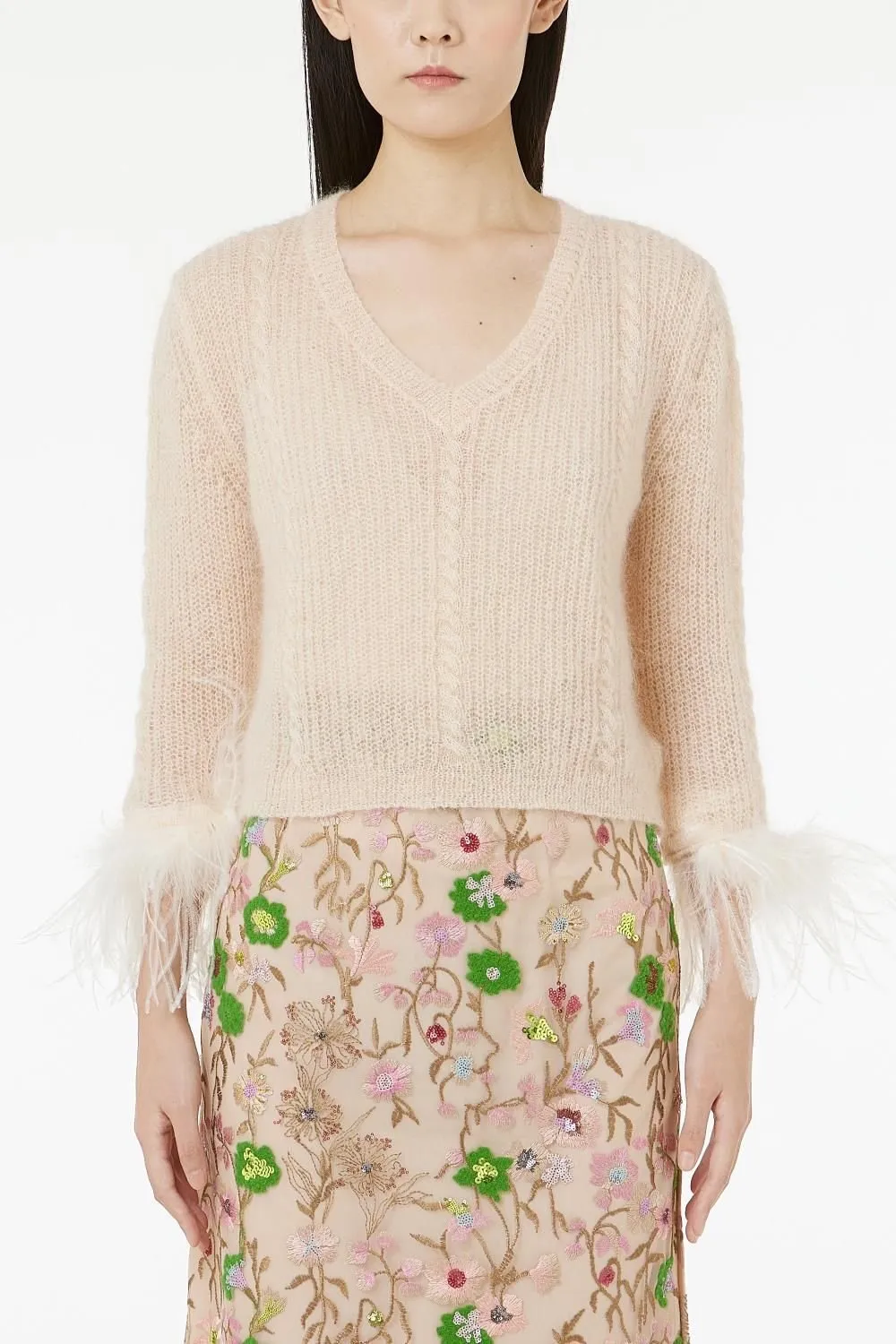 Feather-Trimmed V-Neck Sweater