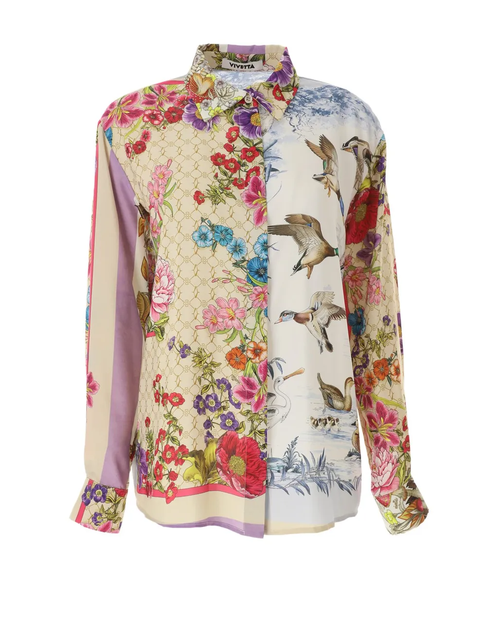 Floral And Bird Print Silk Shirt