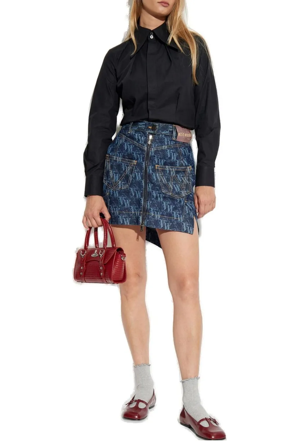 Denim Skirt With All-Over Logo Print