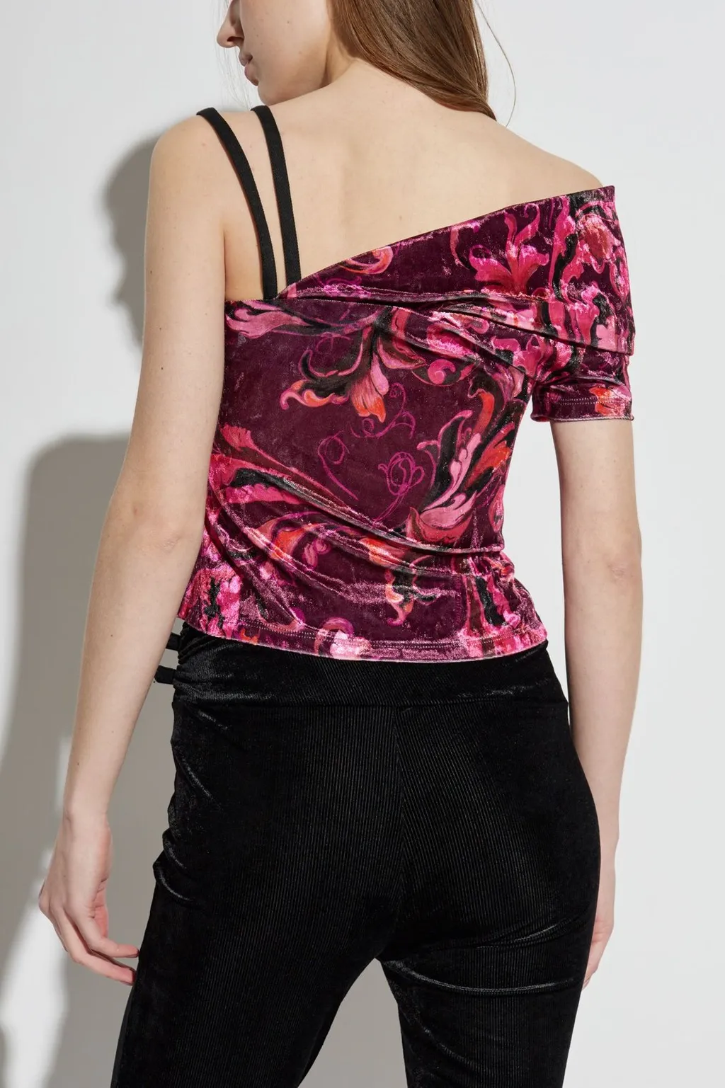 One-Shoulder Velvet Top With Floral Print