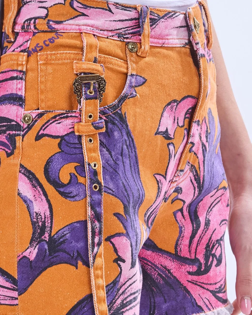 Denim Shorts With Baroque Print