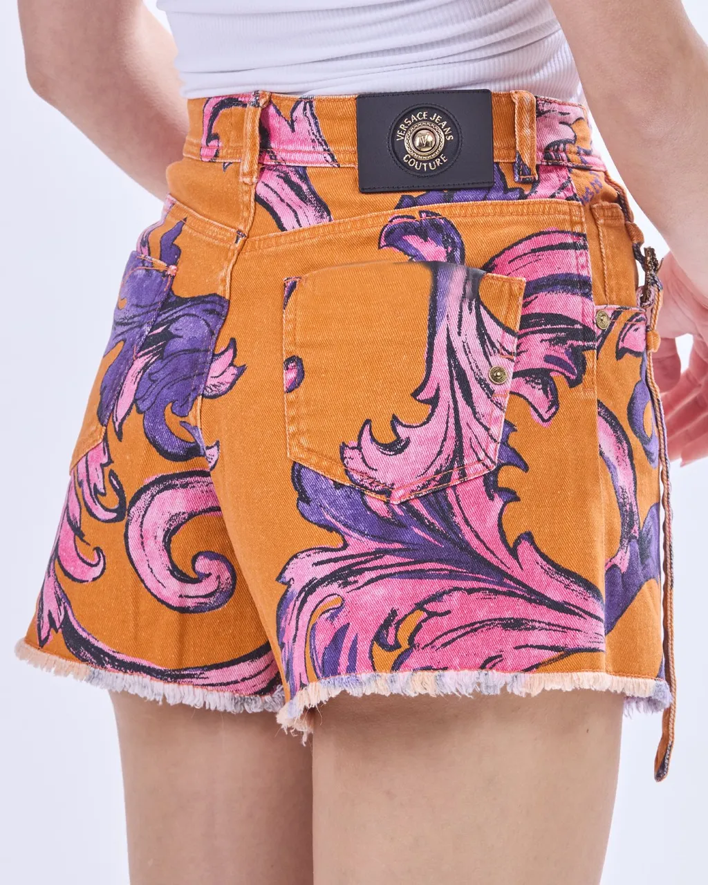 Denim Shorts With Baroque Print
