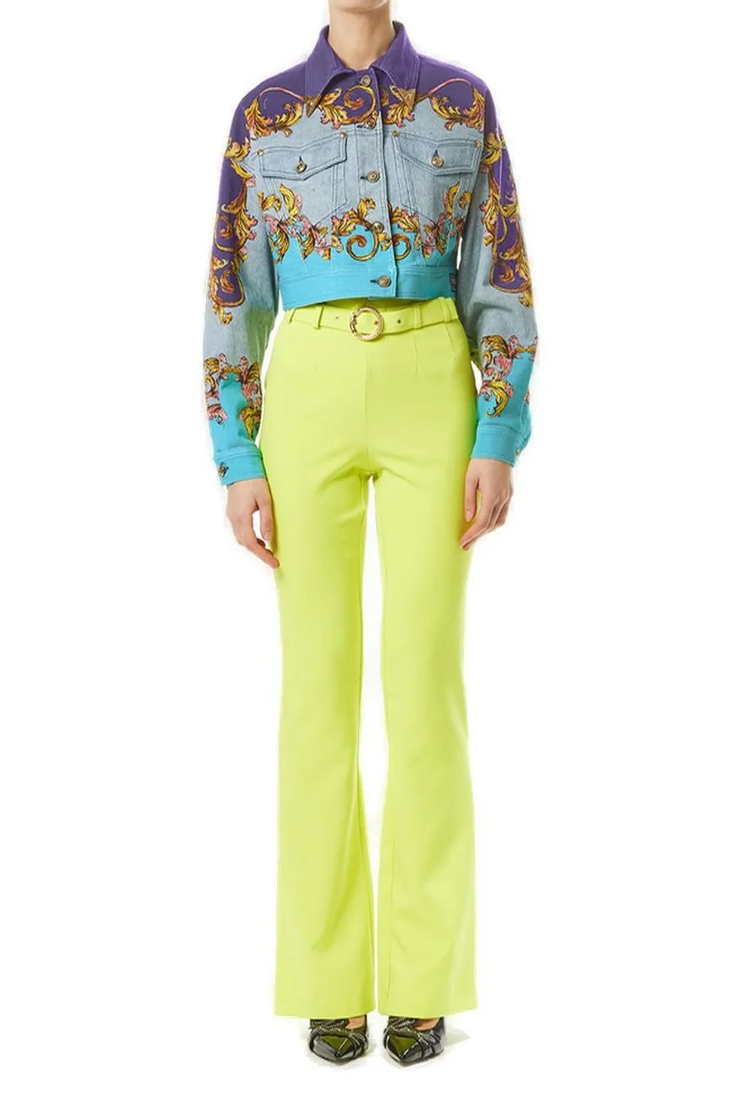 Cropped Denim Jacket With Baroque Print