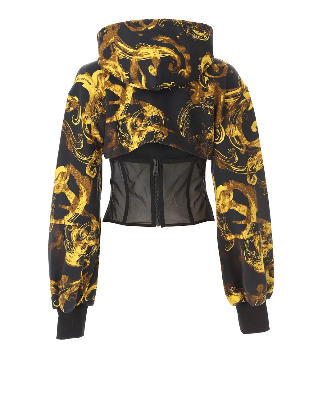 Cropped Hoodie With Baroque Print And Corset Detail