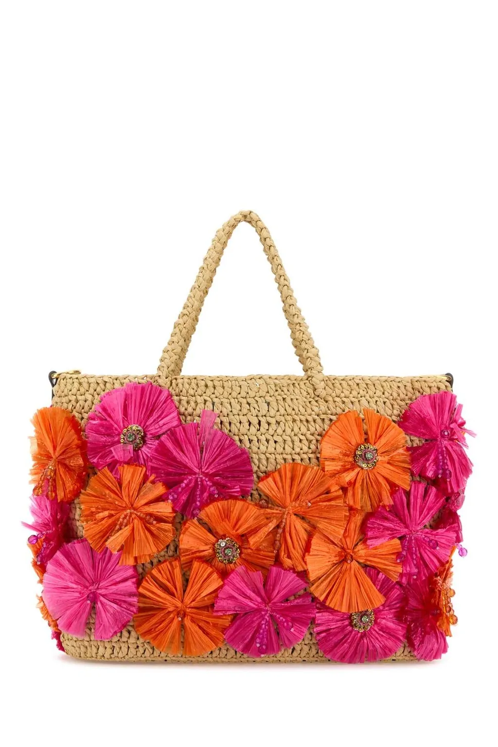 Straw Tote Bag With Floral Appliqué