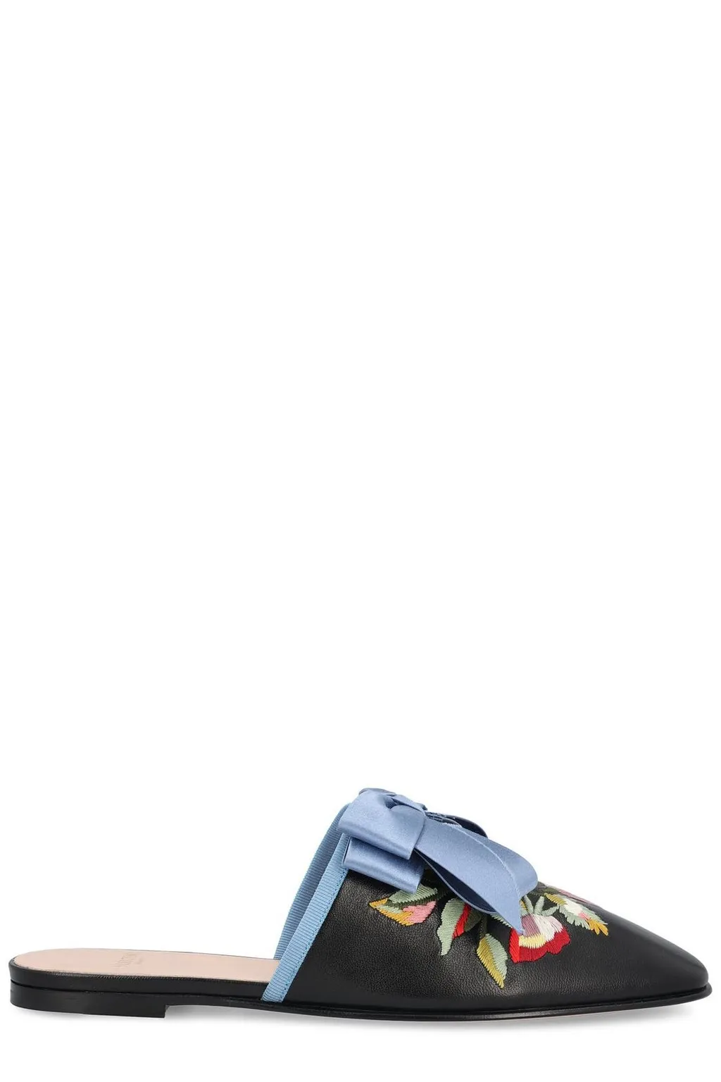 Mules With Embroidered Flowers And Bow