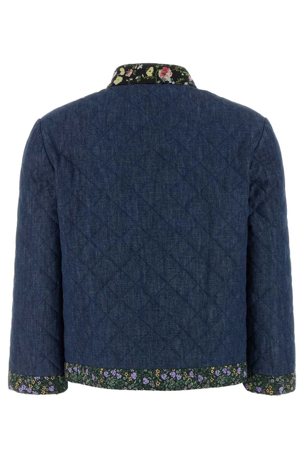 Quilted Denim Jacket With Floral Trim