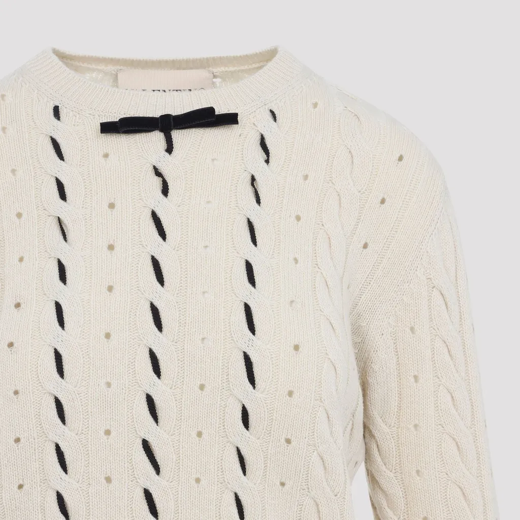 Cable Knit Sweater With Rhinestones And Bows