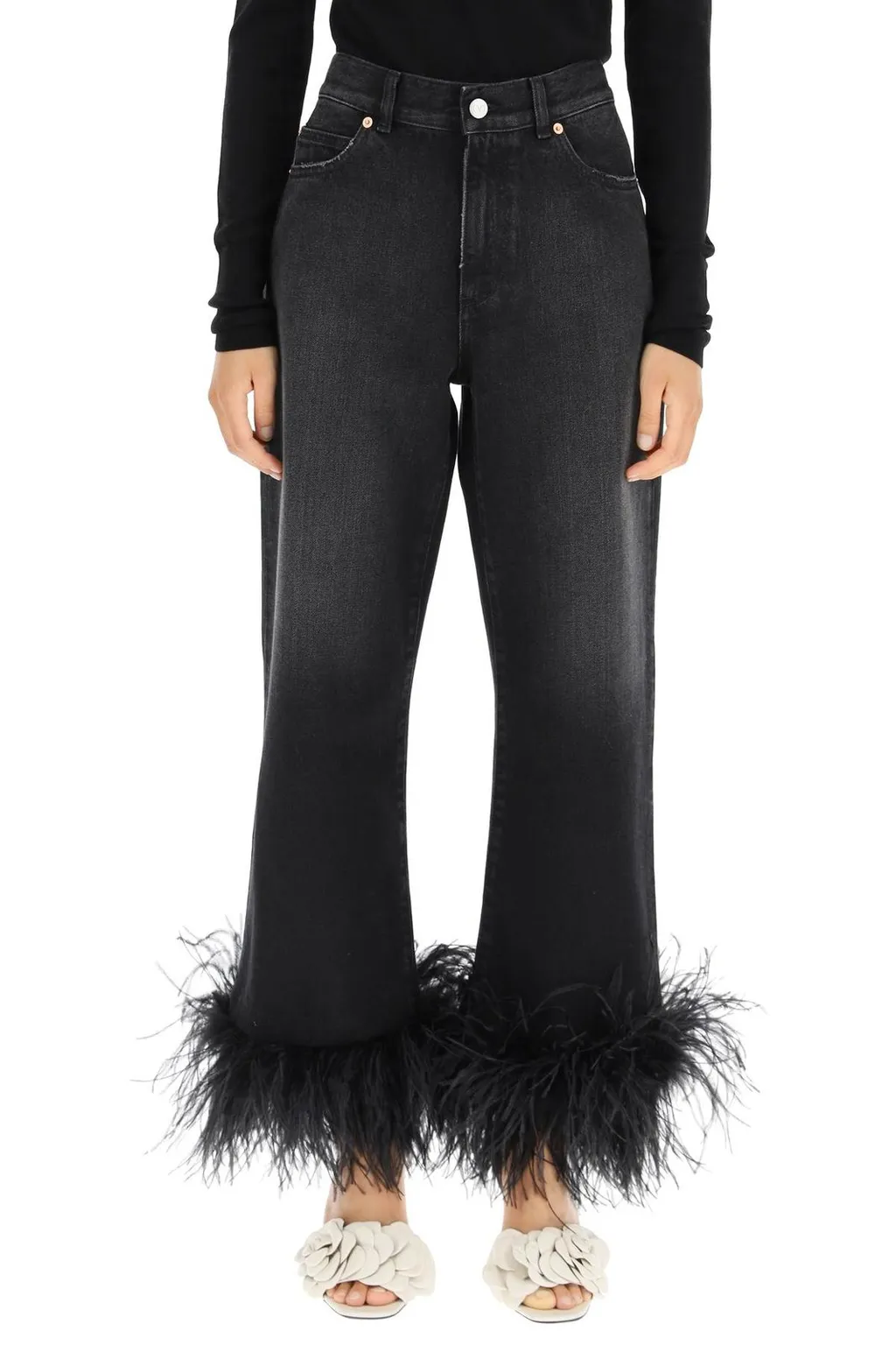 Feather-Trimmed Wide-Leg Jeans