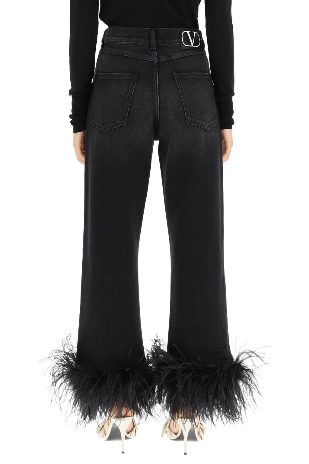 Feather-Trimmed Wide-Leg Jeans