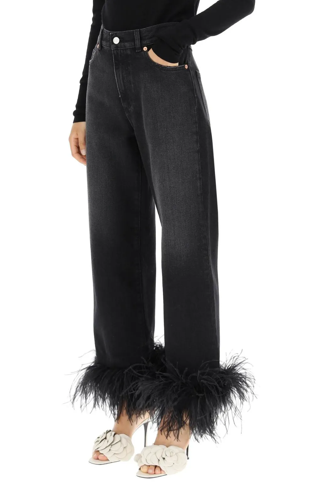Feather-Trimmed Wide-Leg Jeans