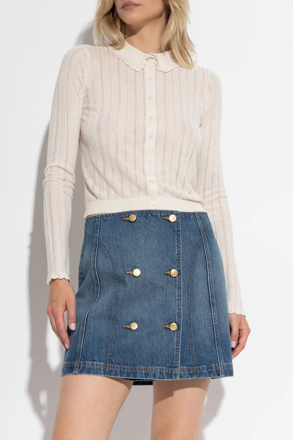 Ribbed Knit Cardigan With Peter Pan Collar