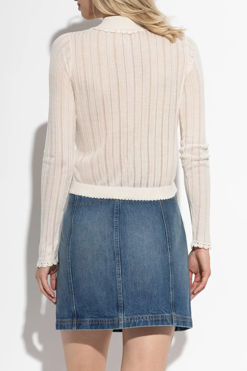 Ribbed Knit Cardigan With Peter Pan Collar