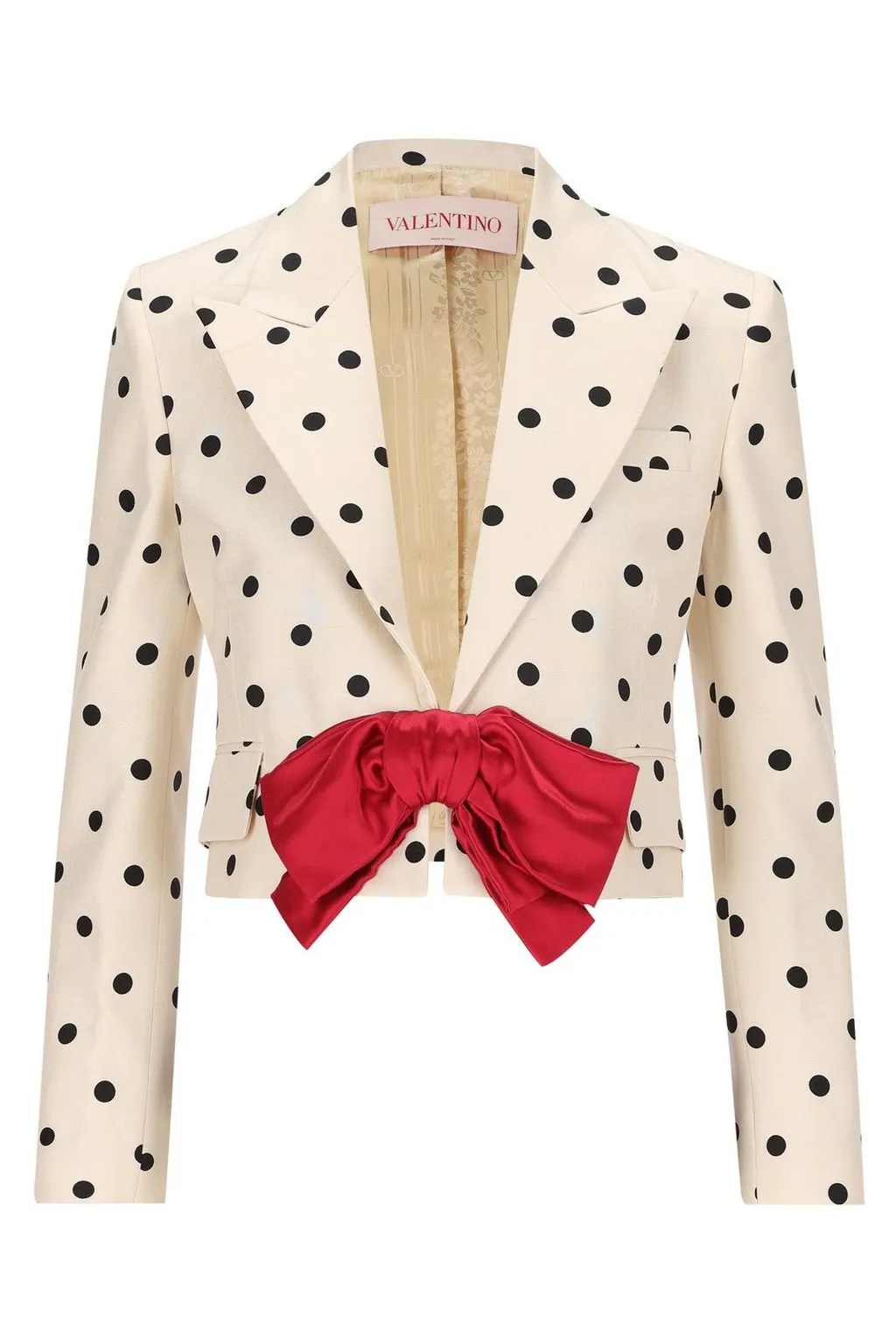 Polka Dot Cropped Blazer With Bow