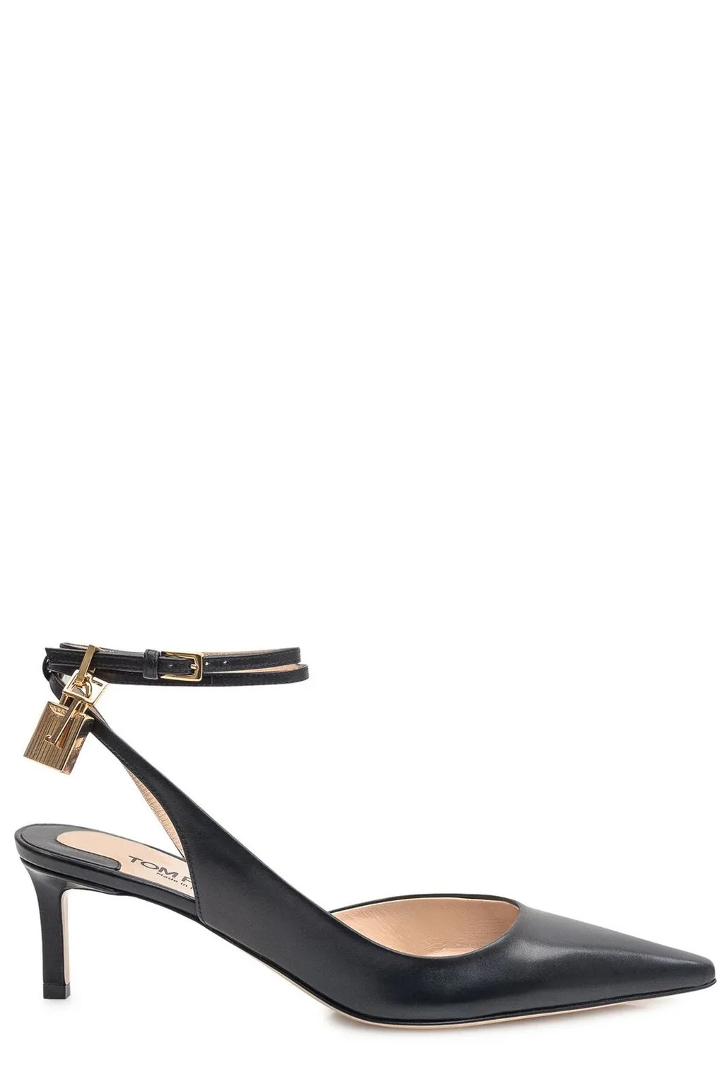 Pointed Toe Slingback Pumps With Ankle Strap And Lock Detail