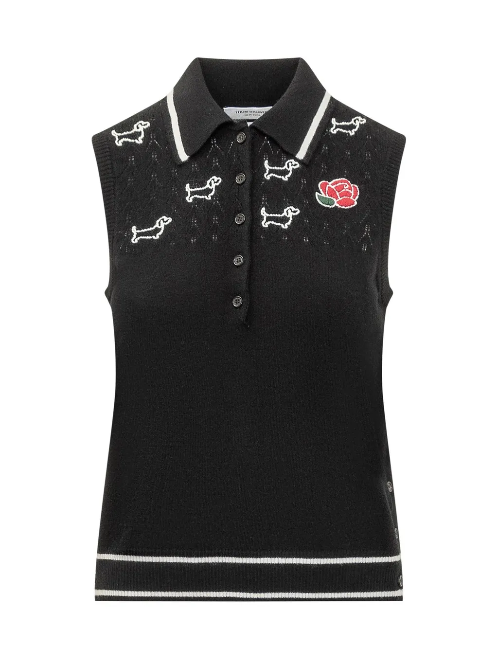 Sleeveless Polo Shirt With Dog And Rose Embroidery