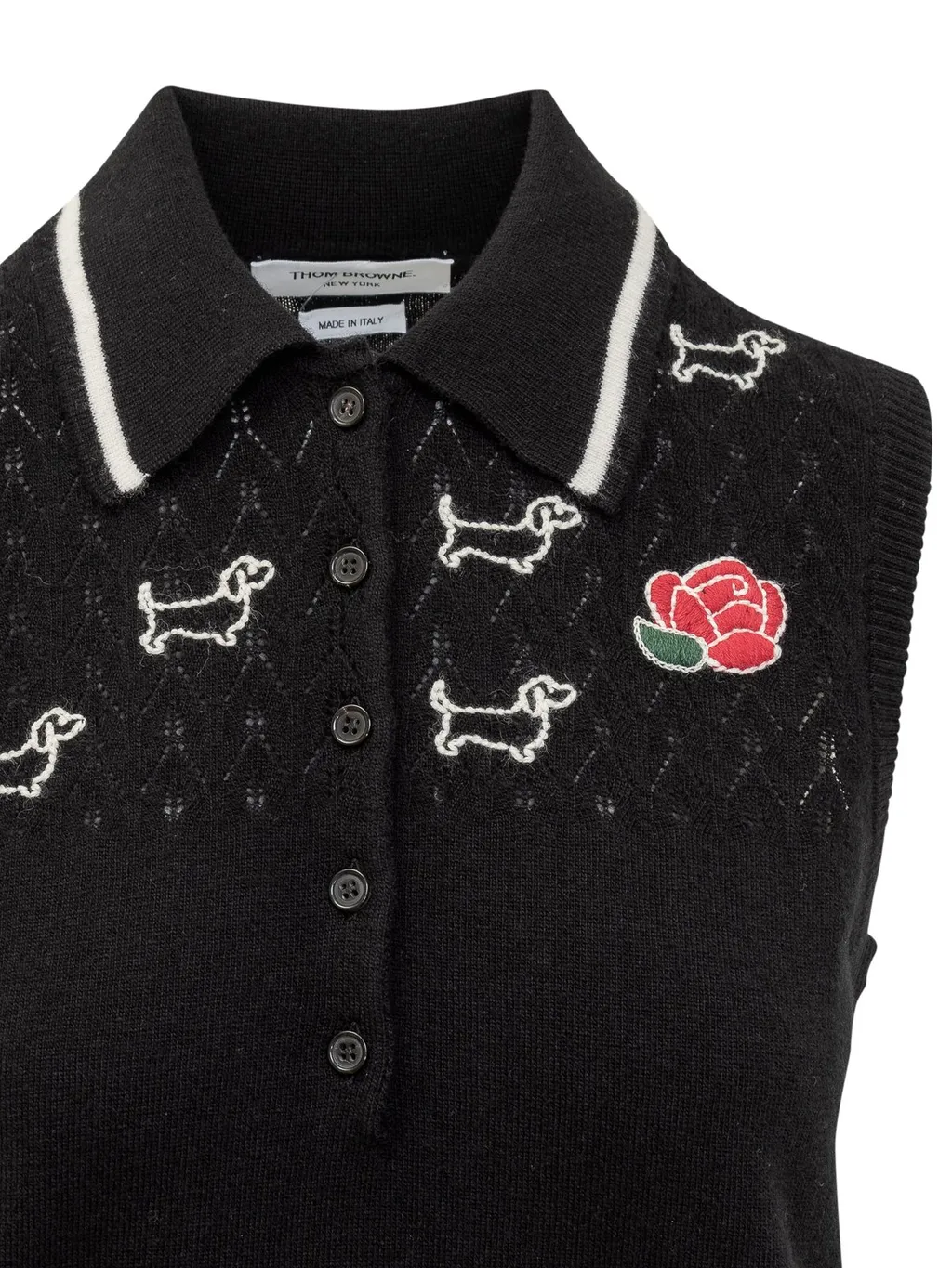 Sleeveless Polo Shirt With Dog And Rose Embroidery