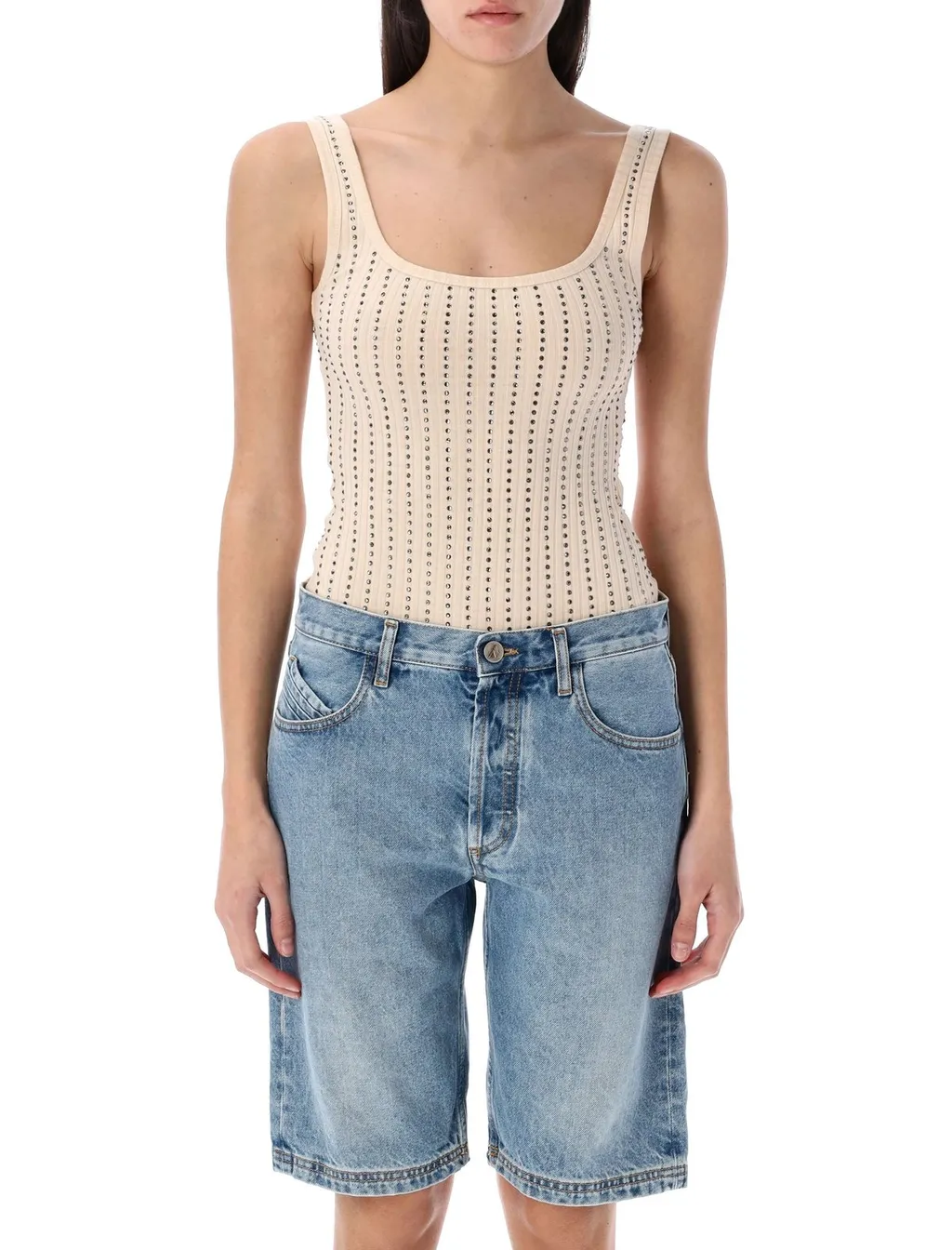 Ribbed Tank Top With Rhinestones