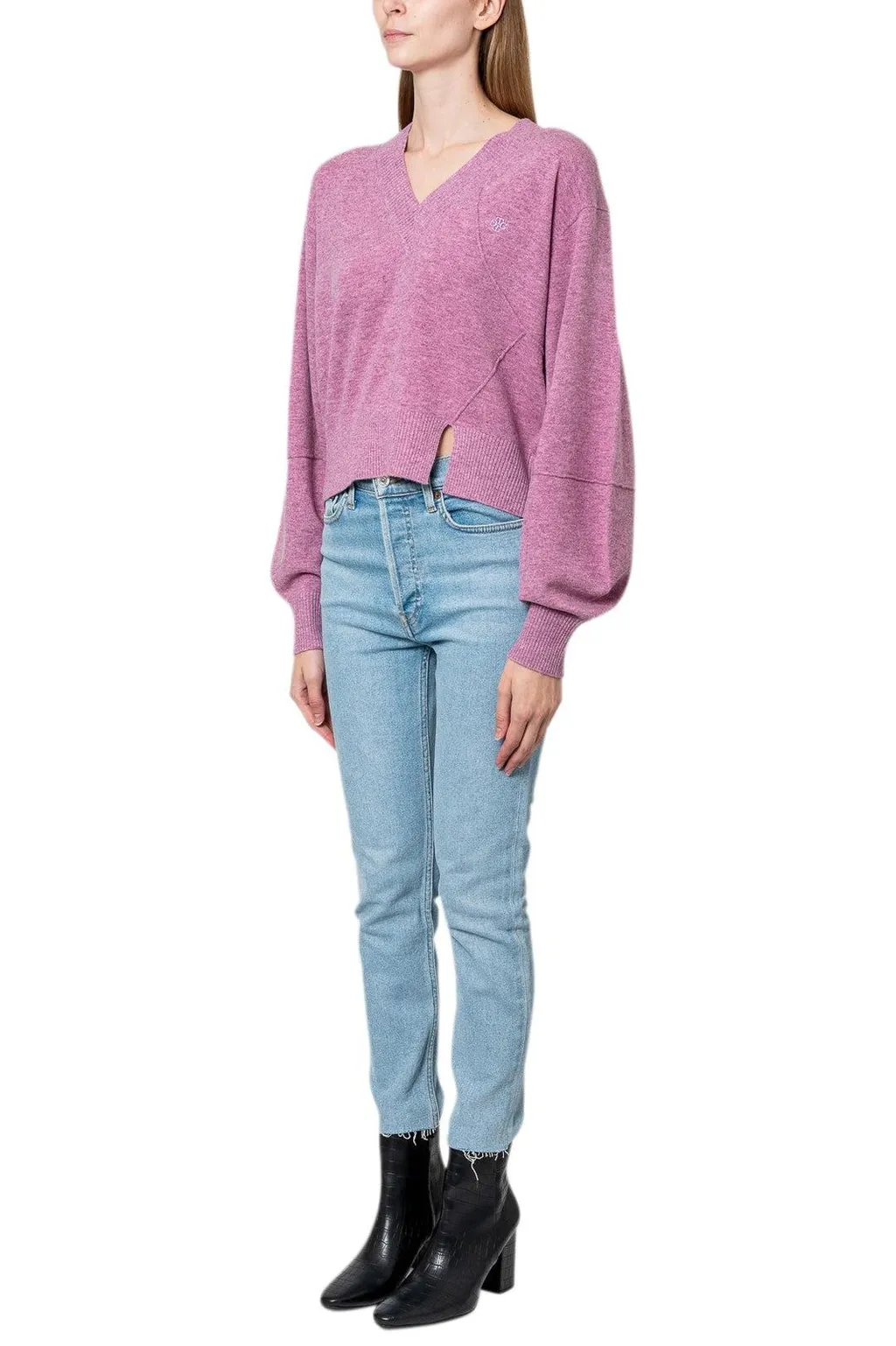 V-Neck Cropped Sweater With Balloon Sleeves