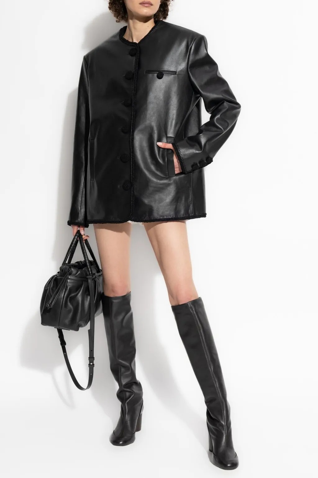 Collarless Leather Jacket