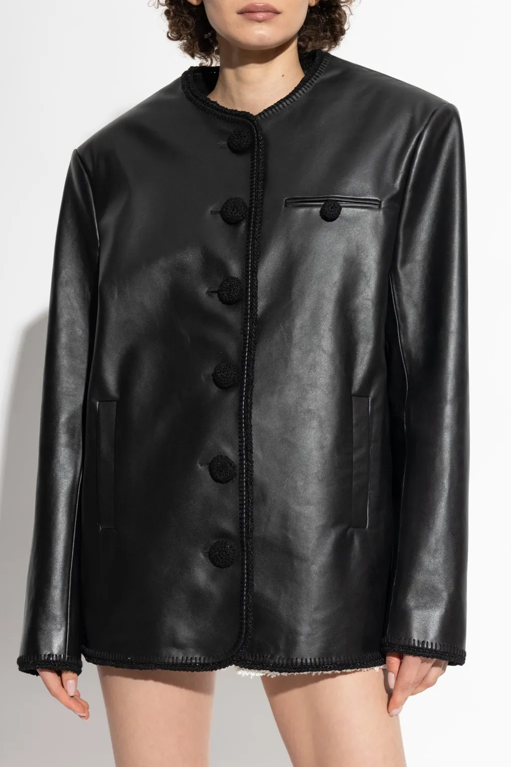 Collarless Leather Jacket