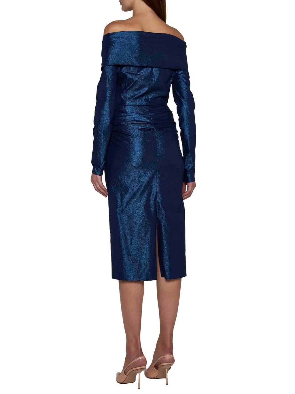 Off-The-Shoulder Draped Metallic Dress