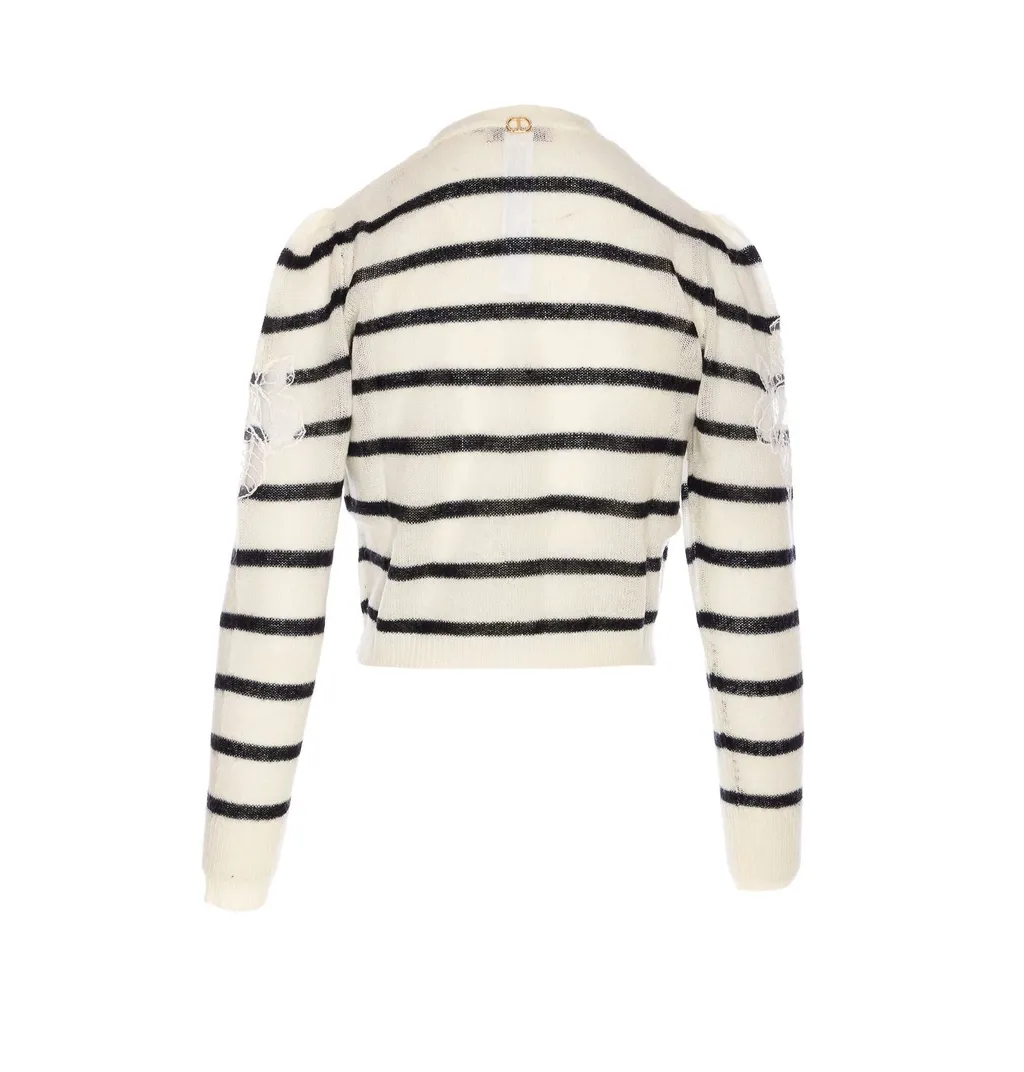 Striped Cardigan With Floral Appliqué