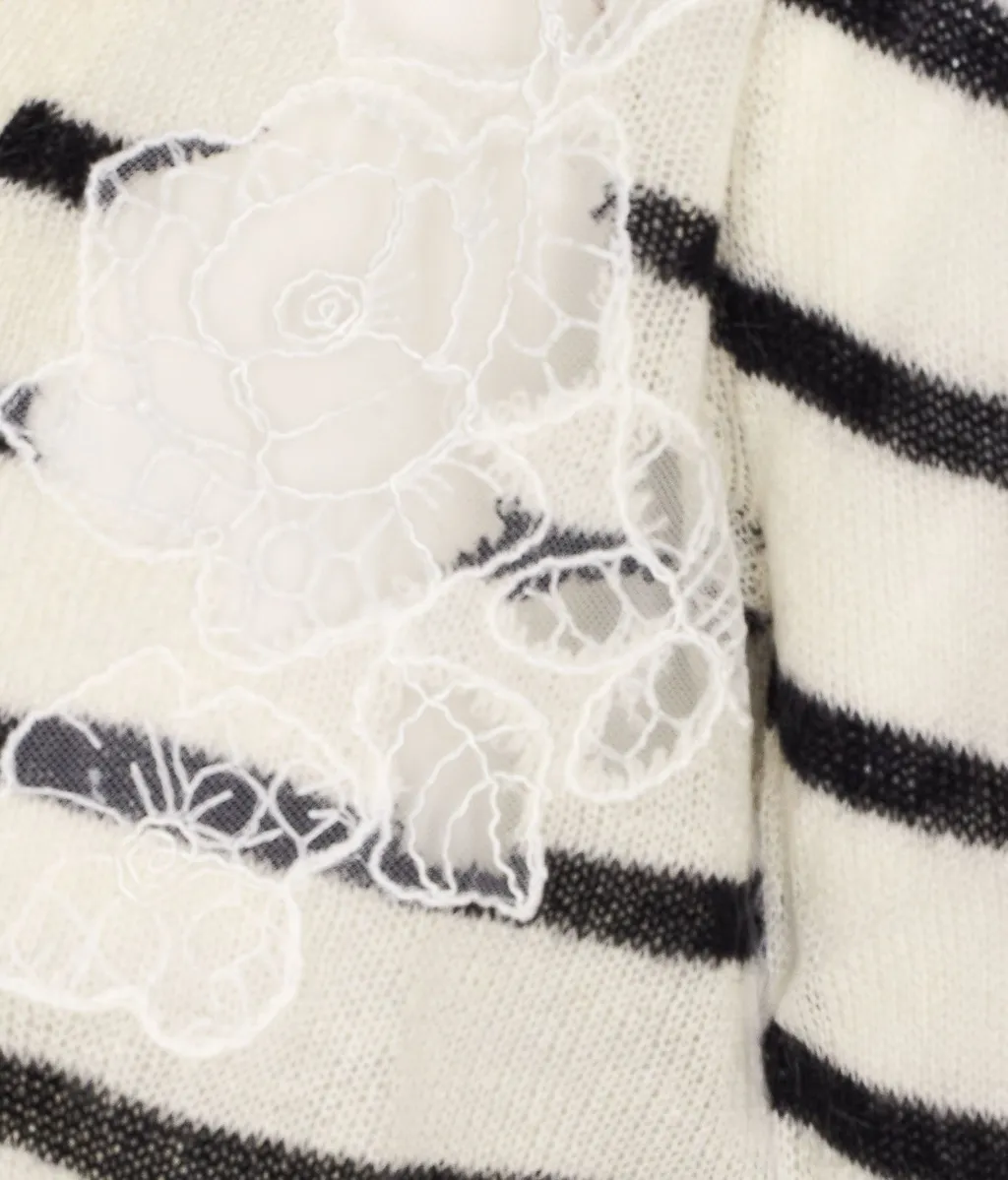 Striped Cardigan With Floral Appliqué