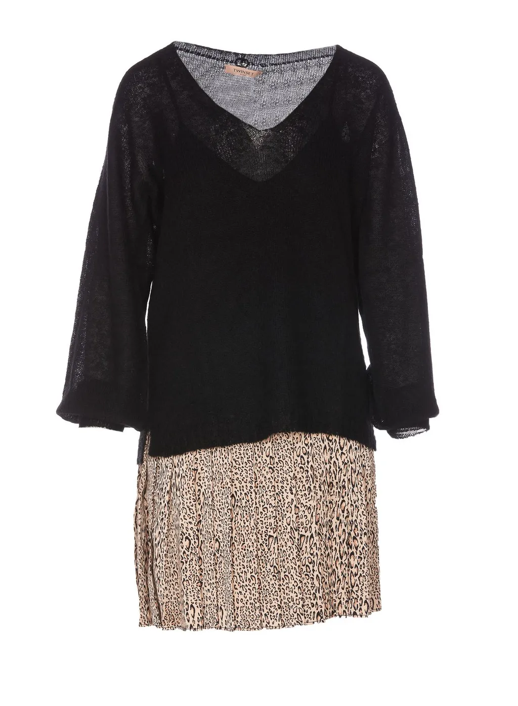 Long-Sleeve V-Neck Knit Dress With Leopard Print Skirt