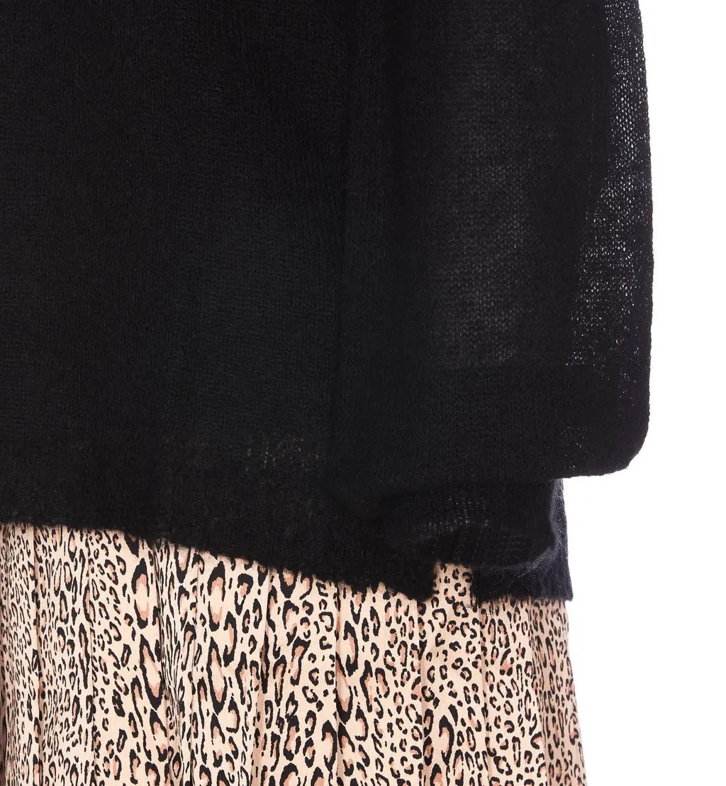 Long-Sleeve V-Neck Knit Dress With Leopard Print Skirt