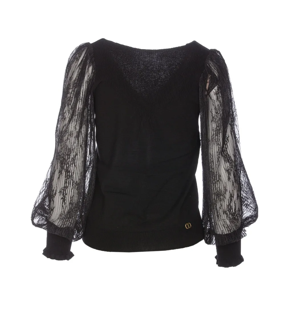 V-Neck Top With Voluminous Lace Sleeves