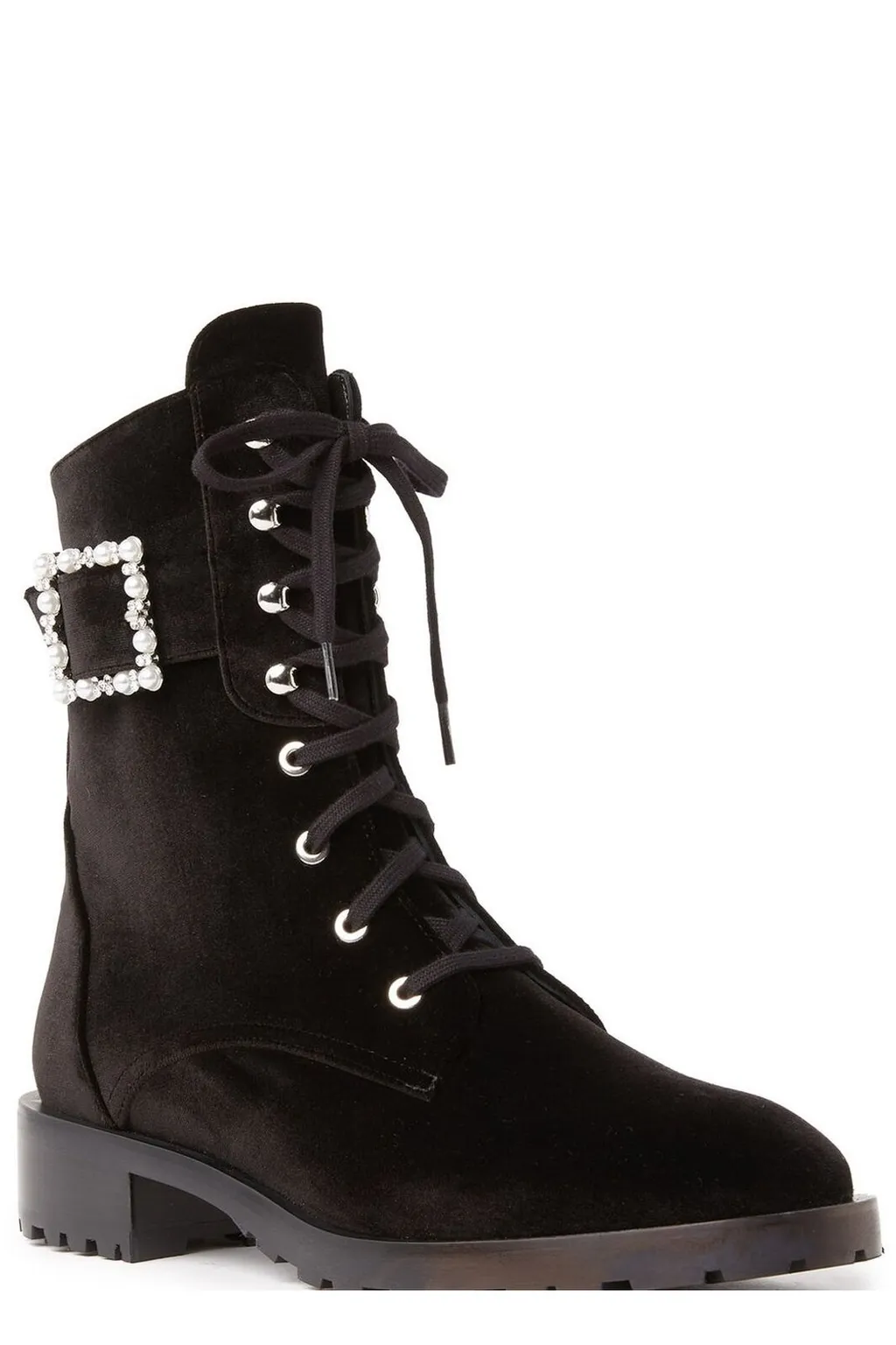 Velvet Combat Boots With Embellished Buckle
