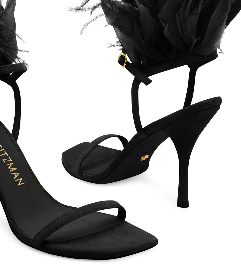 Feather-Embellished Ankle Strap Sandals
