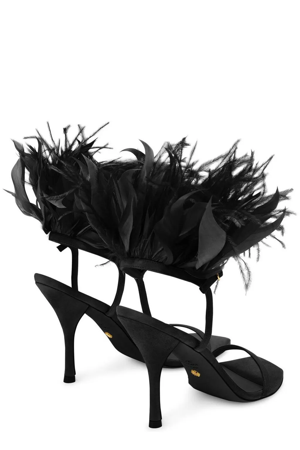 Feather-Embellished Ankle Strap Sandals