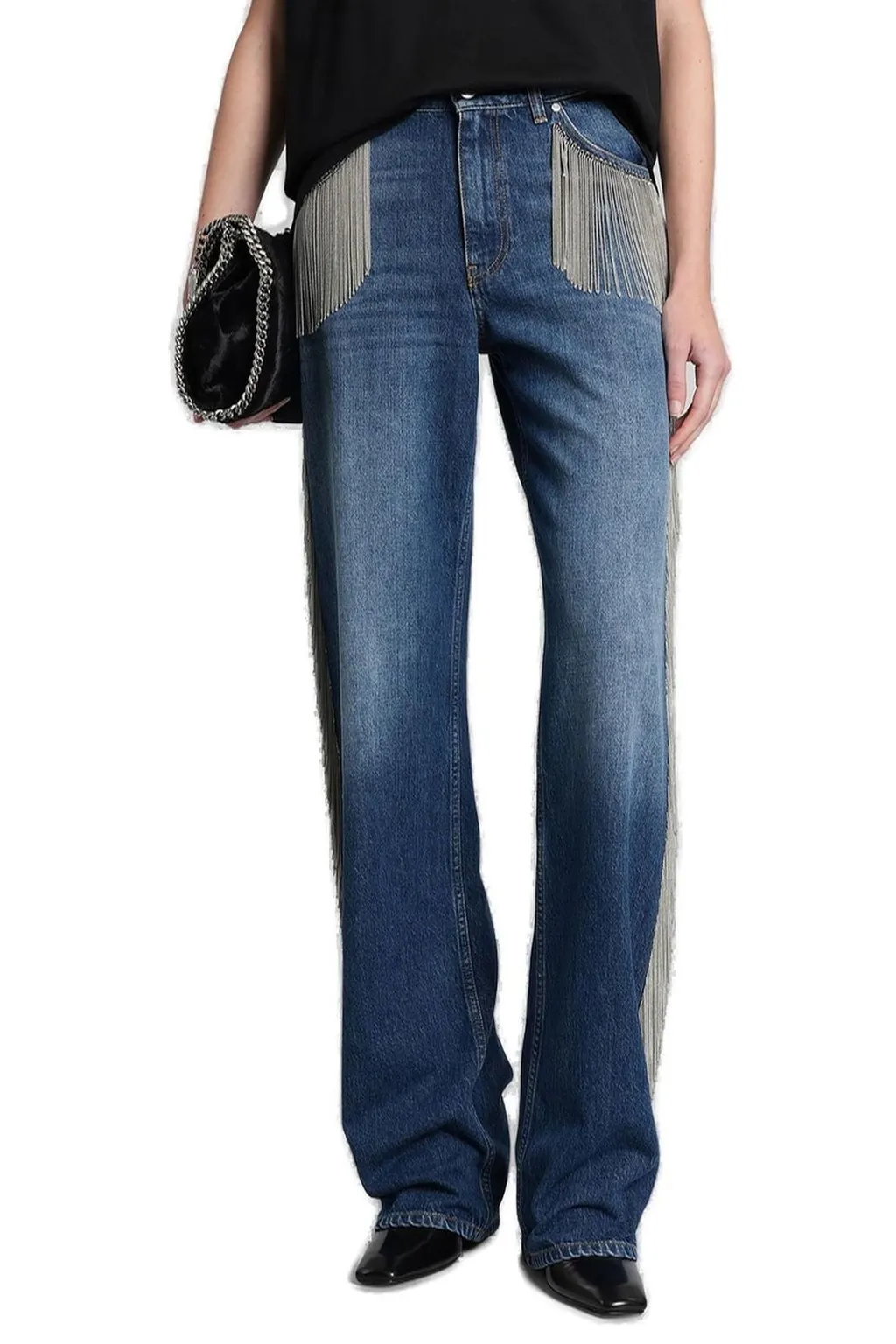 Wide-Leg Jeans With Crystal Fringe